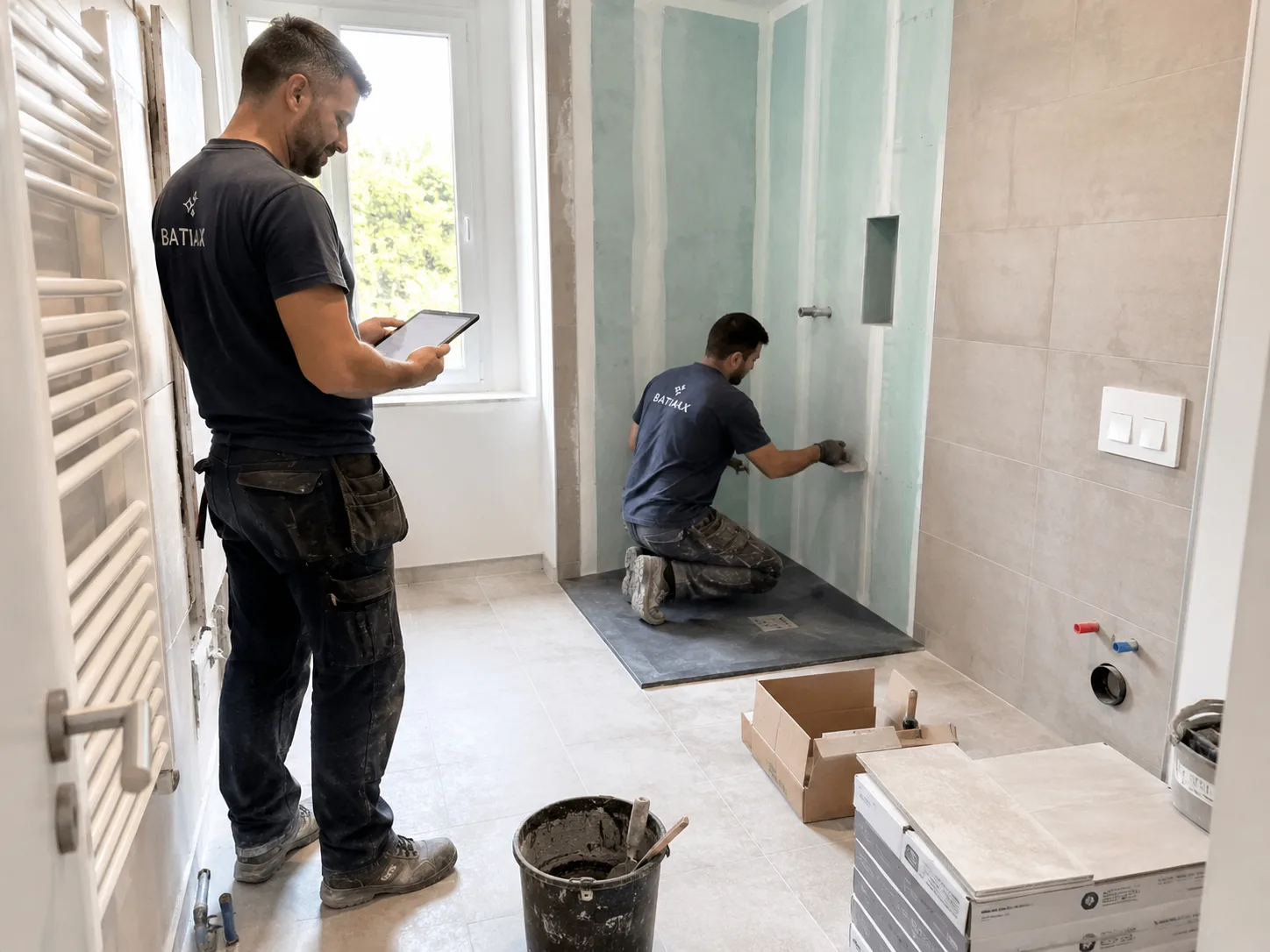 Deux artisans Batiax sur un chantier de salle de bain, l'un consulte le devis sur sa tablette